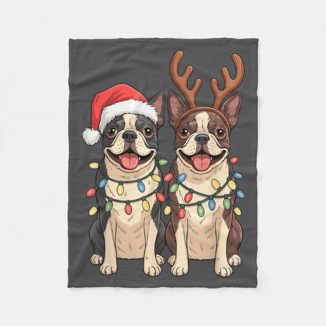 Manta Polar Boston Terrier Christmas Santa Hat Reindeer Lights (Anverso)