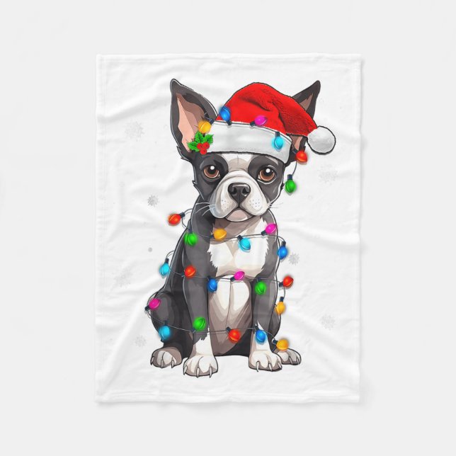 Manta Polar Boston Terrier Christmas Santa Hat Tree Lights Paj (Anverso)