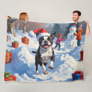 Manta Polar Boston Terrier Escena Navideña Festiva de Nieve