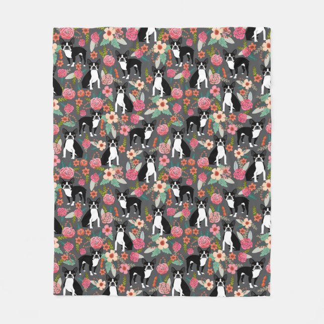 Manta Polar Boston Terrier floral - perros y flores (Anverso)