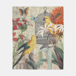 Manta Polar Botánico Vintage Pájaro Naturaleza Antiguo Tropica