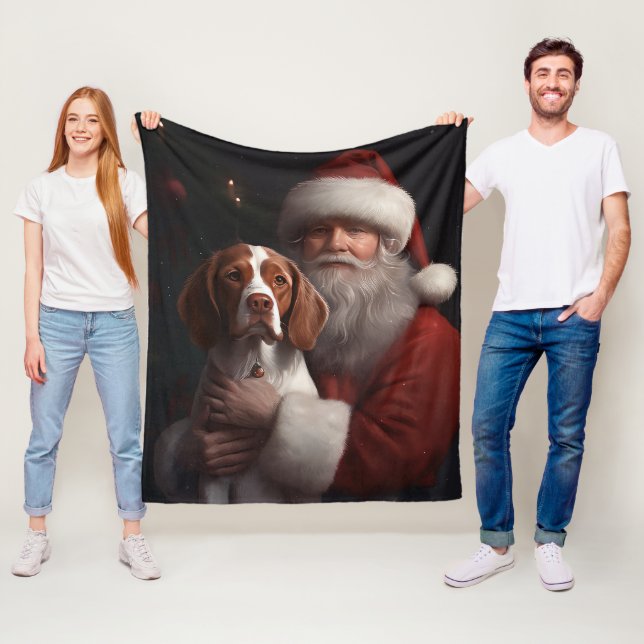 Manta Polar Brittany Spaniel con Santa Claus Navidad (In situ)