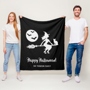Manta Polar Bruja En Escoba Negro Y Blanco Feliz Halloween