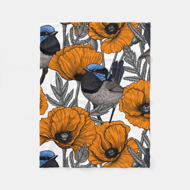 Manta Polar Brujas de hadas y flores de amapola naranja 2 (Anverso)