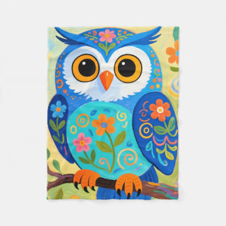 Manta Polar Búho Azul Caprichoso y Arte Popular Floral en Suav