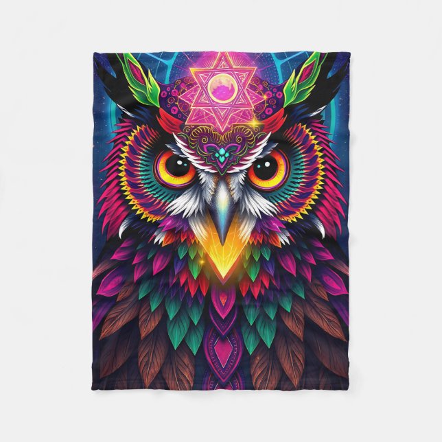 Manta Polar Búho Psicodélico: Arte de Mandala Neon (Anverso)