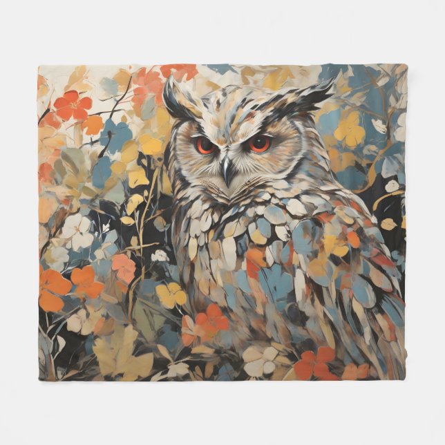 Manta Polar Búho y flores en pintura de primavera (Frente (Horizontal))