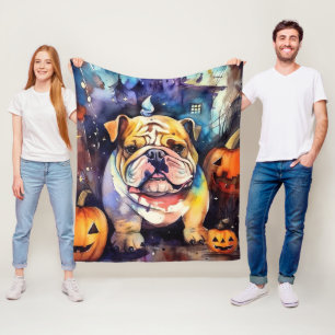 Manta Polar Bulldog de Halloween con calabazas temerosas