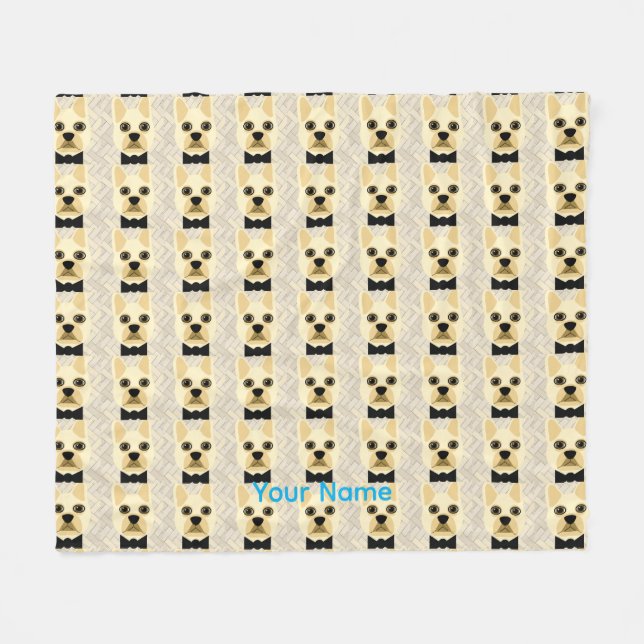 Manta Polar Bulldog francés con Bowtie, Herringbone Beige (Frente (Horizontal))