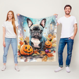 Manta Polar Bulldog francés de Halloween con calabazas temeros