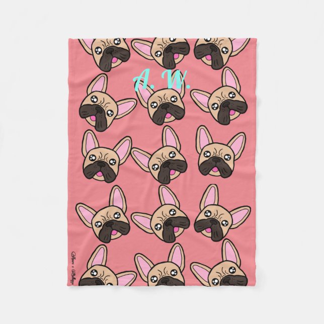 Manta Polar Bulldog francés kawaii modelo porcino monograma (Anverso)