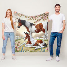 Caballo Hermoso y Potro en un Huerto en Flor