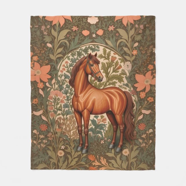 Manta Polar Caballo Marrón Hermoso Inspirado en William Morris (Anverso)