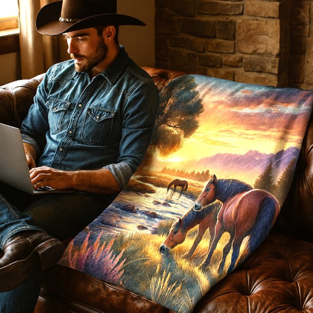 Manta Polar Caballo Mustang Pastando junto a un Arroyo al Atar (Sunset serenity meets western grit cowboy life, tech in hand, blanket draped with wild horses)