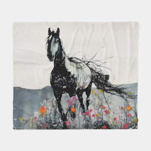 Manta Polar Caballo negro con flores silvestres
