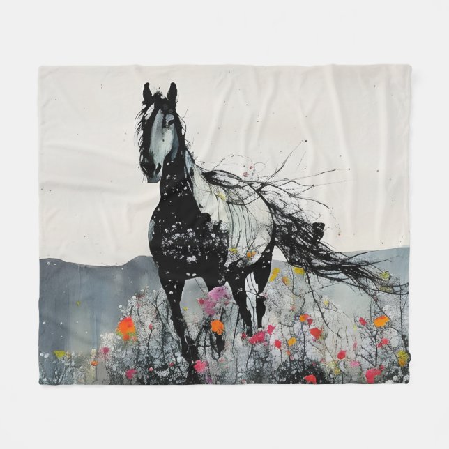 Manta Polar Caballo negro con flores silvestres (Frente (Horizontal))