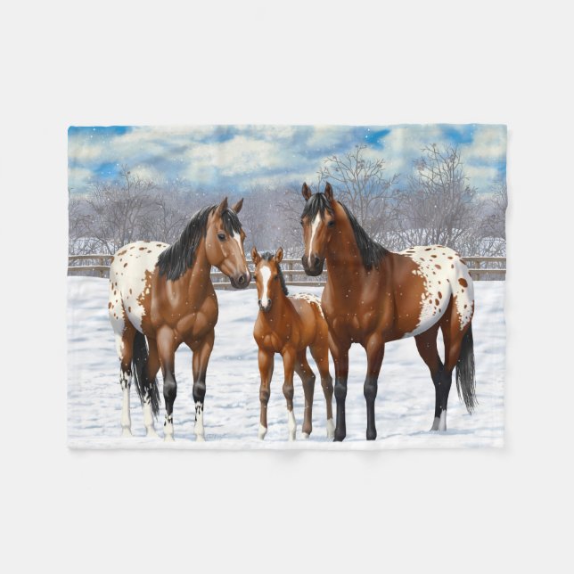 Manta Polar Caballos Appaloosa De La Bahía Marrón En Nieve (Frente (Horizontal))