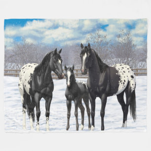 Manta Polar Caballos Appaloosa Negros En Nieve