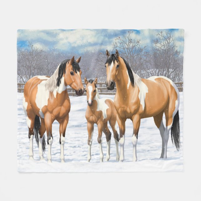 Manta Polar Caballos de pintura de piel negra en nieve (Frente (Horizontal))