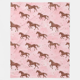 Manta Polar Caballos Marrones Rosados Florales Femeninos