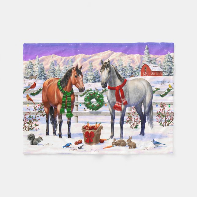 Manta Polar Caballos navidades en nieve (Frente (Horizontal))