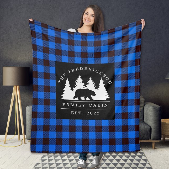 Manta Polar Cabaña de la familia Blue Rustic Plaid Bear Woods (Subido por el creador)