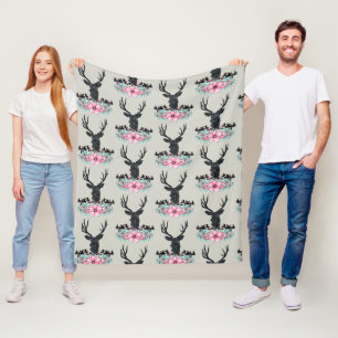 Manta Polar Cabeza de ciervo con Flores y Montañas Rosa