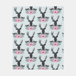 Manta Polar Cabeza de ciervo con Flores y Montañas Rosa