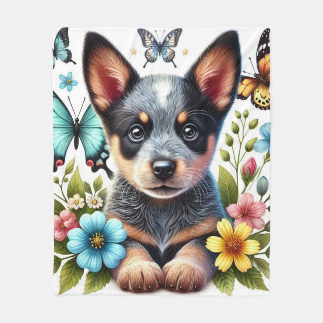 Manta Polar Cachorro de Heeler con mariposas y flores (Anverso)