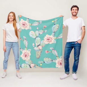 Manta Polar Cactus acuarela con flores rosadas Patrón moderno