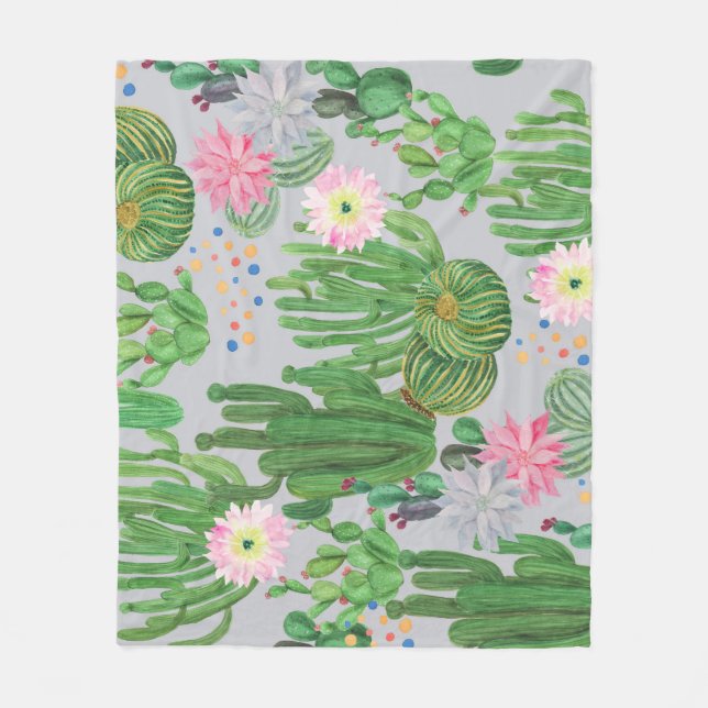 Manta Polar Cactus y flores, pintura acuarela sin costura. (Anverso)