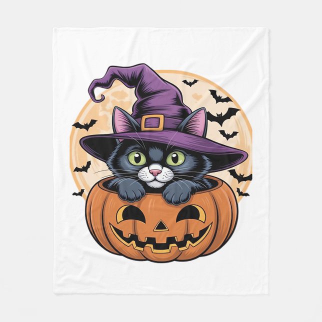 Manta Polar Calabaza de Halloween Gato negro camiseta sobredim (Anverso)