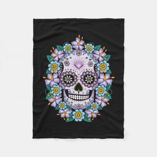 Manta Polar Calavera de azúcar morado con flores (Anverso)