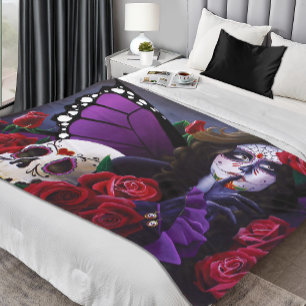 Manta Polar Calaveras de azúcar, Rosas rojos morado