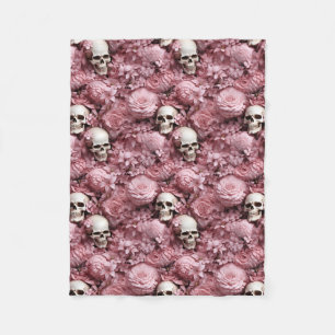 Manta Polar ¡Calaveras y flores! Cama rosa y crema.