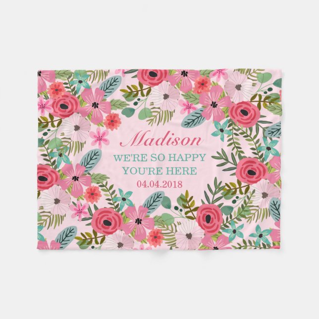 Manta Polar Cama de bebé de pulpa floral rosa personalizada (Frente (Horizontal))