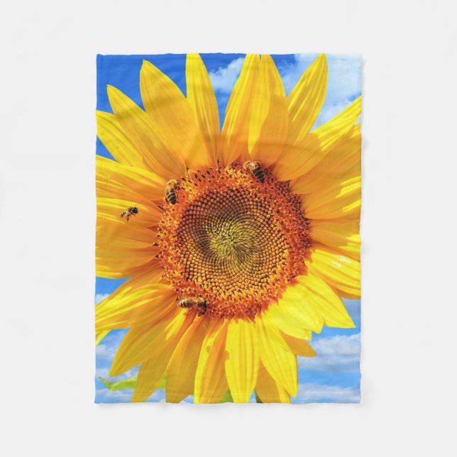 Manta Polar Cama de flores de girasol amarillo y abejas (Anverso)