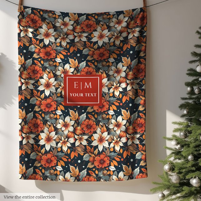 Manta Polar Cama de flores oxidado moderno con nombre personal (Modern rusty flower blanket with custom name)