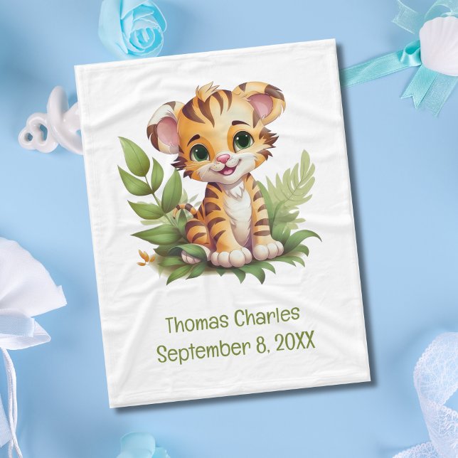 Manta Polar Cama personalizada de bebé de Safari de la Jungla  (Tiger Jungle Safari Baby Blanket. Personalize it with babies name and birthday. )