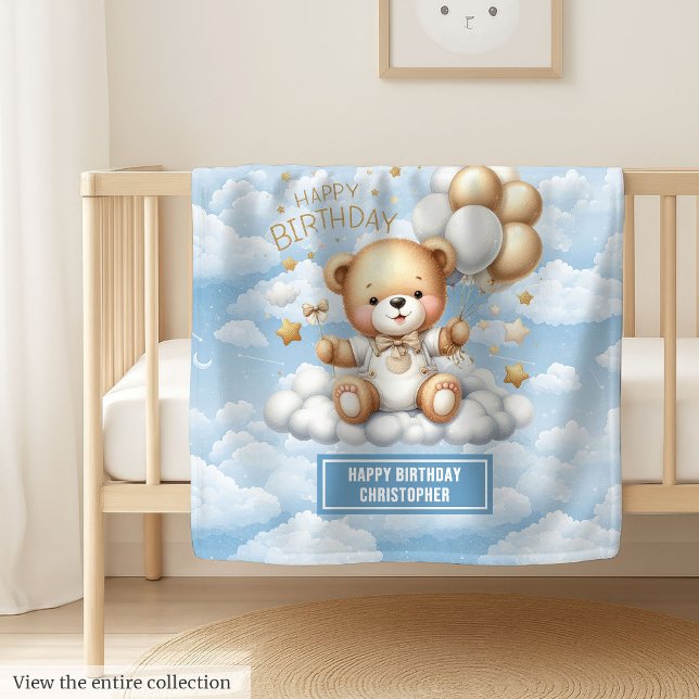 Manta Polar Cama personalizada de primer cumpleaños con peluch (Personalized first birthday blanket with teddy art)