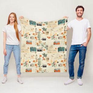Manta Polar Cámara Vintage Radio Floral Azul Turquesa Naranja 