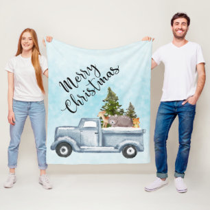 Manta Polar Camión navidad con pinos y animales forestales