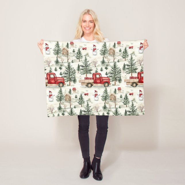 Manta Polar Camión rojo con regalos y bebé hombre de nieve (In situ)