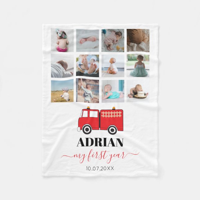 Manta Polar Camión rojo de primer año de bebé Collage de fotos (Anverso)
