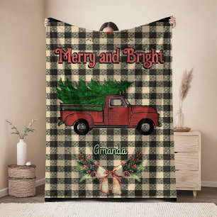 Manta Polar camioneta roja de Navidad monograma gris de plaid