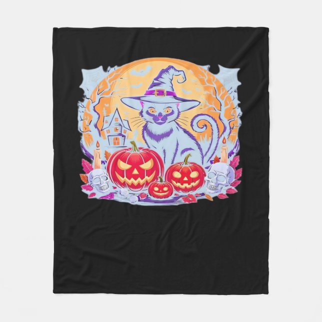 Manta Polar Camiseta Clásica de Halloween Ghost Pumpkin Cat (Anverso)