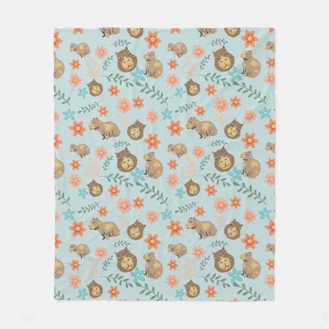 Manta Polar Capybaras con flores verdes (Anverso)