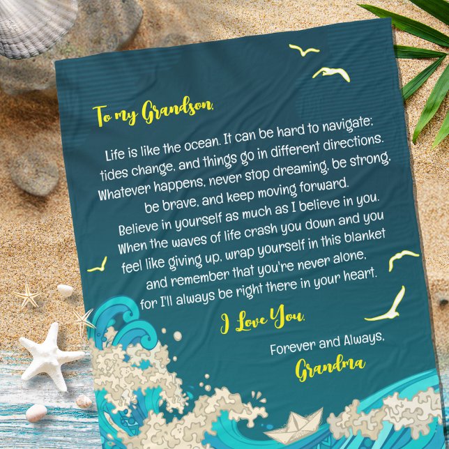 Manta Polar Carta a mi hijo o a mi nieto mar acuático (Nautical Ocean Beach Theme Fleece Blanket Gift for Son or Grandson Paper Boat Sea and Birds in Blue )