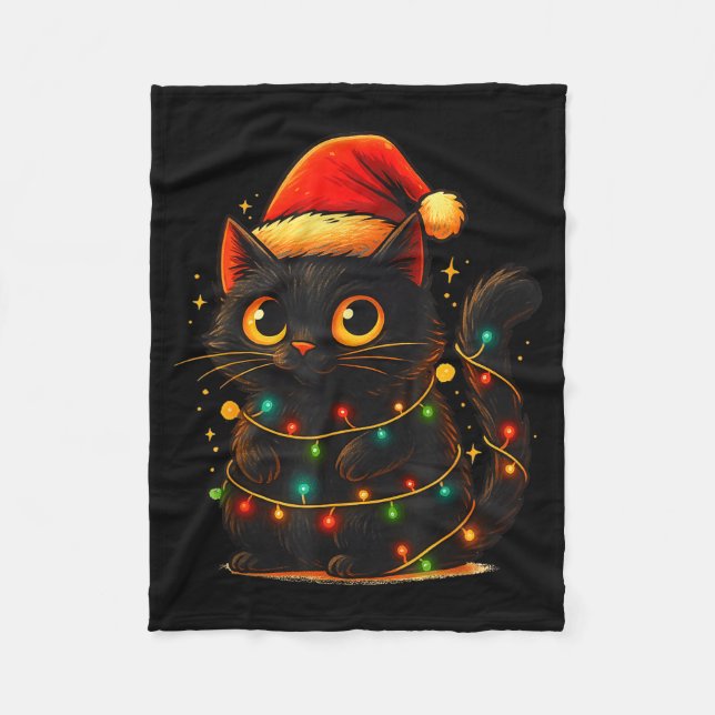 Manta Polar Cat Black Christmas Tree Lights Funny Santa Kitten (Anverso)
