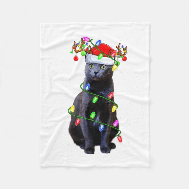 Manta Polar Cat Lover Xmas Lighting Santa Russian Blue Cat Chr (Anverso)